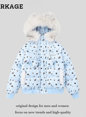 可爱耳朵满印狗爪星星毛领棉服外套女冬季宽松加厚保暖棉衣面包服