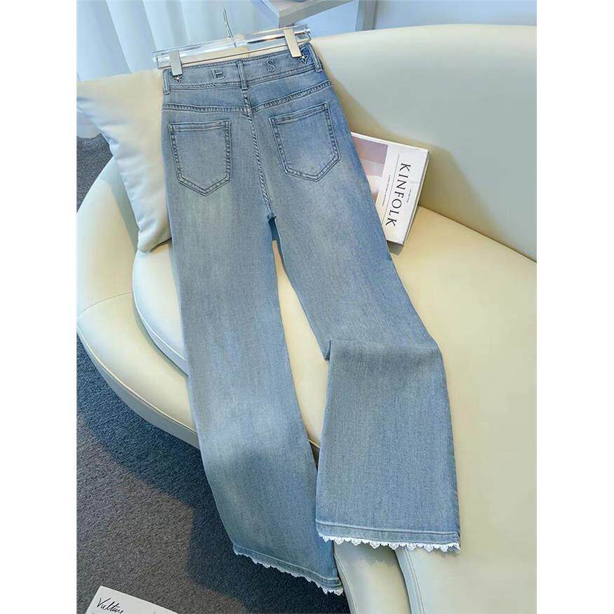 郑州女裤浅色微喇牛仔裤早秋2025新款修身显瘦蕾丝爆款九分喇叭裤