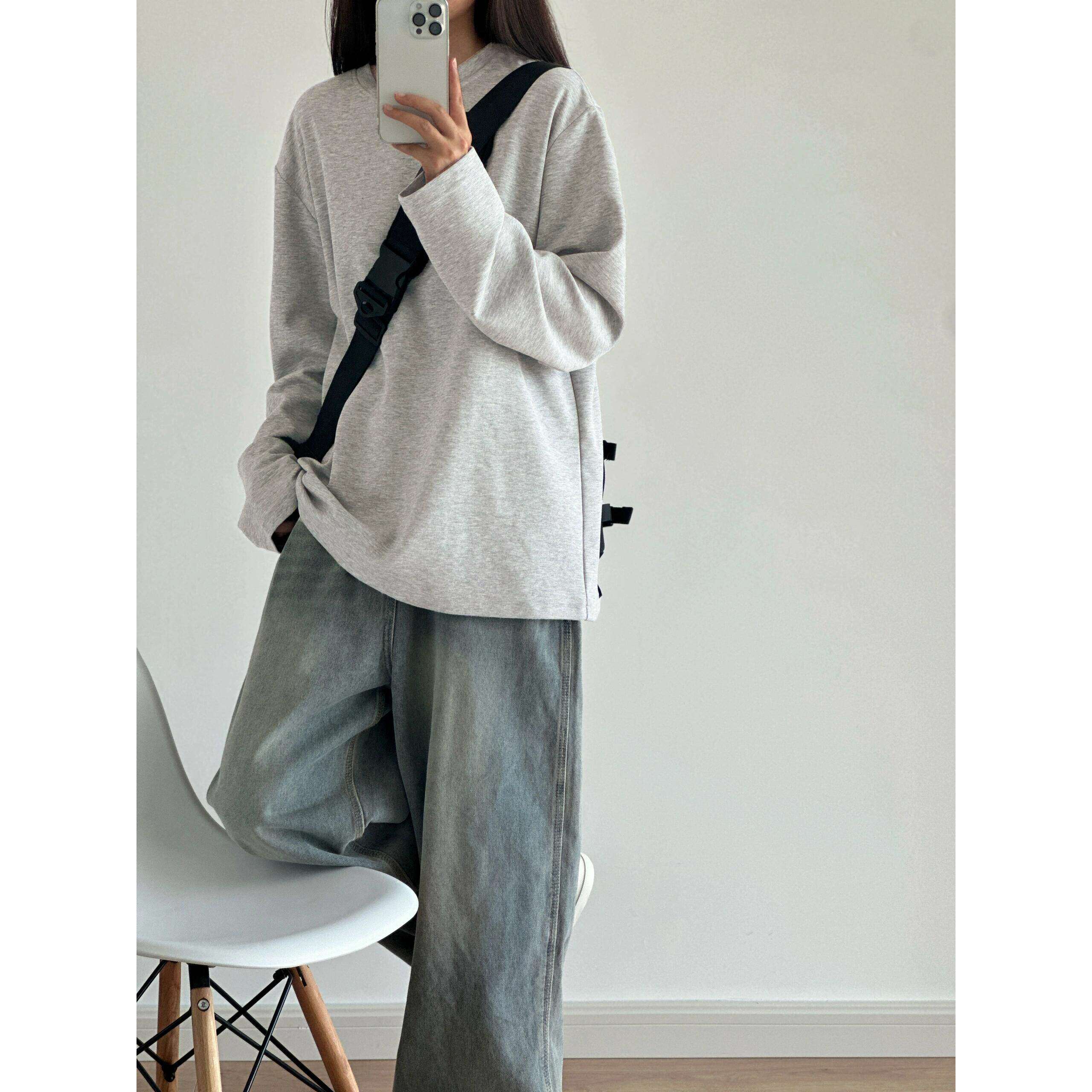 100%纯棉正肩灰色长袖t恤女2026新款春季百搭基础款宽松慵懒上衣