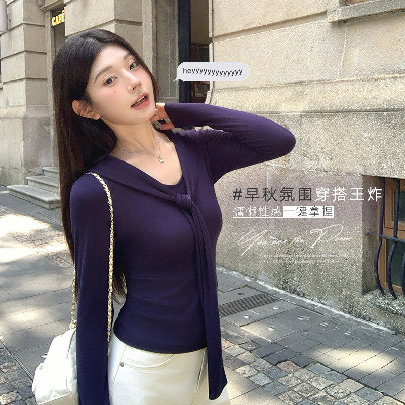 假两件V领上衣女春季打底小个子巨好看修身显瘦高级感内搭长袖T恤