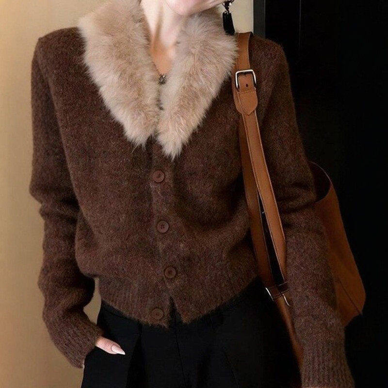 2026春季新款老钱风毛毛领针织开衫高级感咖色单排扣毛衣外套女装