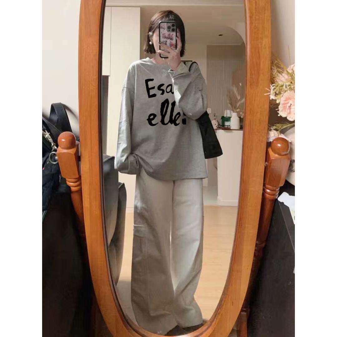 纯棉美式复古灰色正肩长袖t恤女2026新款春季宽松韩系慵懒风上衣