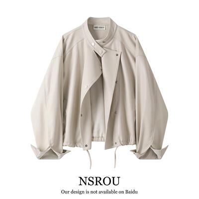NSROU新款美式覆古酷飒风米白色短款圆领皮衣外套女春秋夹克风衣5