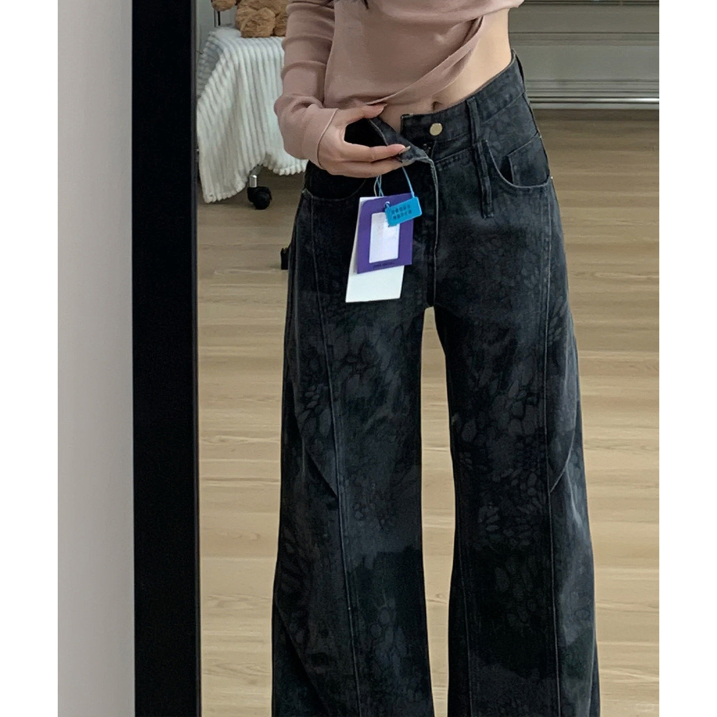 印花牛仔裤女款2026新款大码胖妹妹显瘦工装裤美式高街宽松阔腿裤