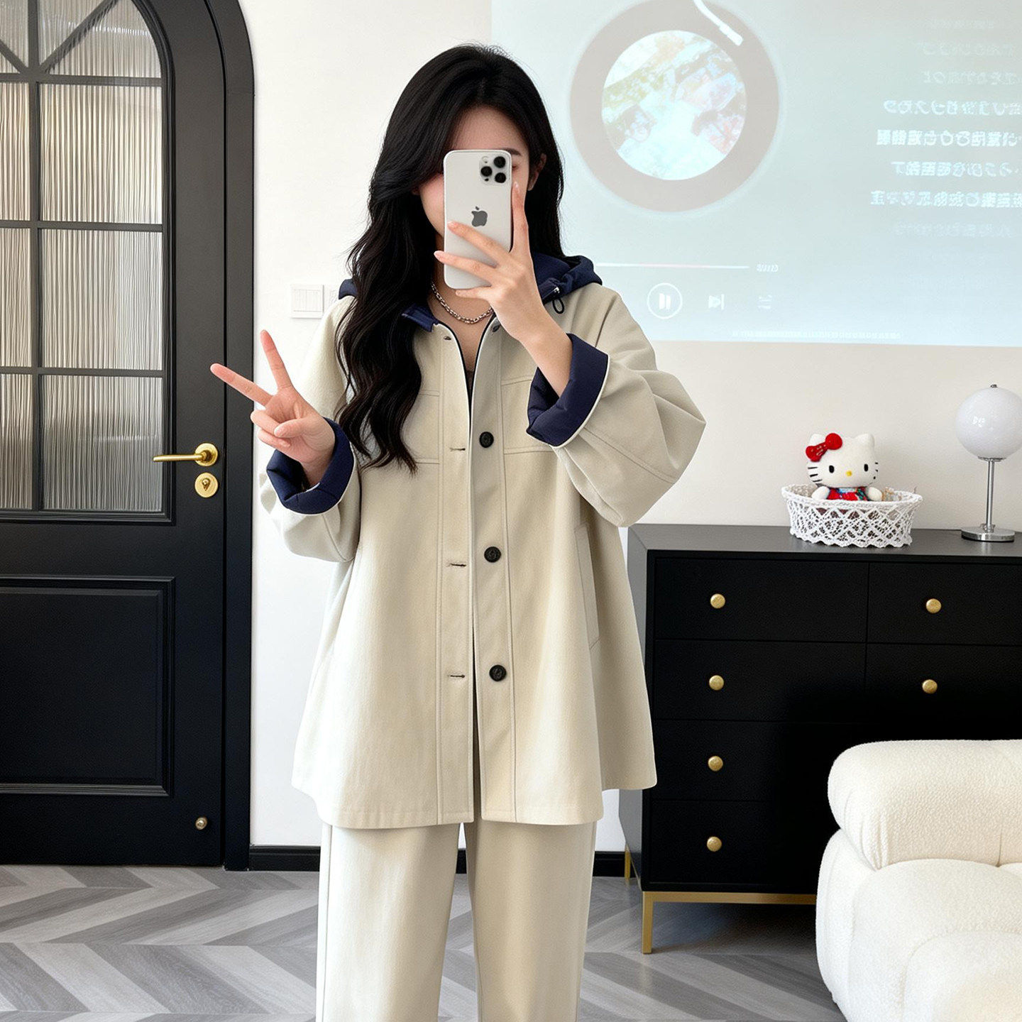 复古高级感撞色假两件连帽风衣外套宽松中长款2026年春秋新款女装