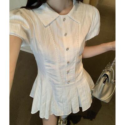 学院风白色泡泡袖衬衫连衣裙女夏季气质收腰小个子甜美短裙