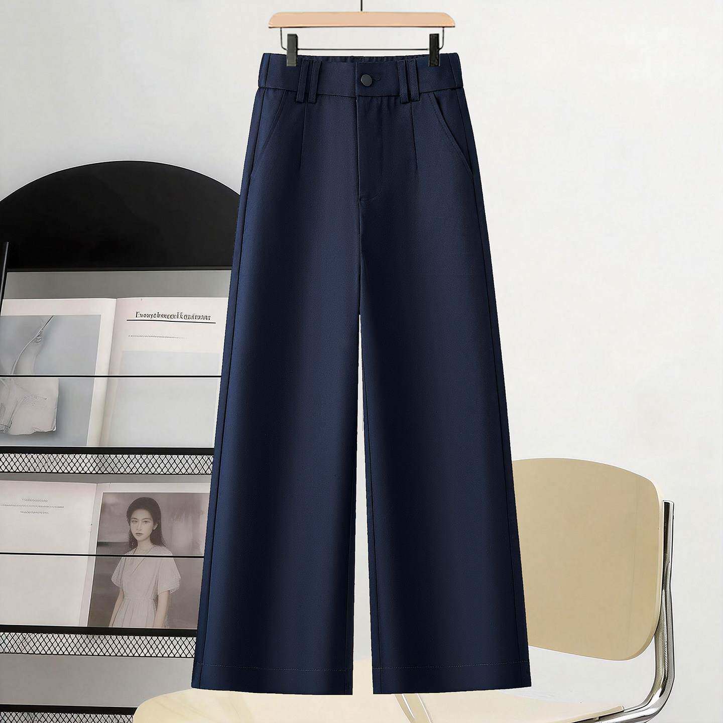 小个子藏青色窄版阔腿西装裤女2026春夏高腰松紧垂感九分直筒裤女