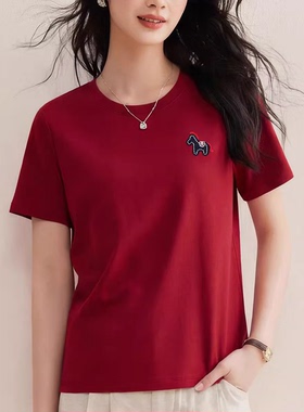 2026夏装新款胖mm大码女休闲百搭贴标红色小马设计感短袖T恤