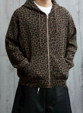 现货】自主天花版2025早春美式豹纹连帽宽松拉链卫衣外套男女款潮