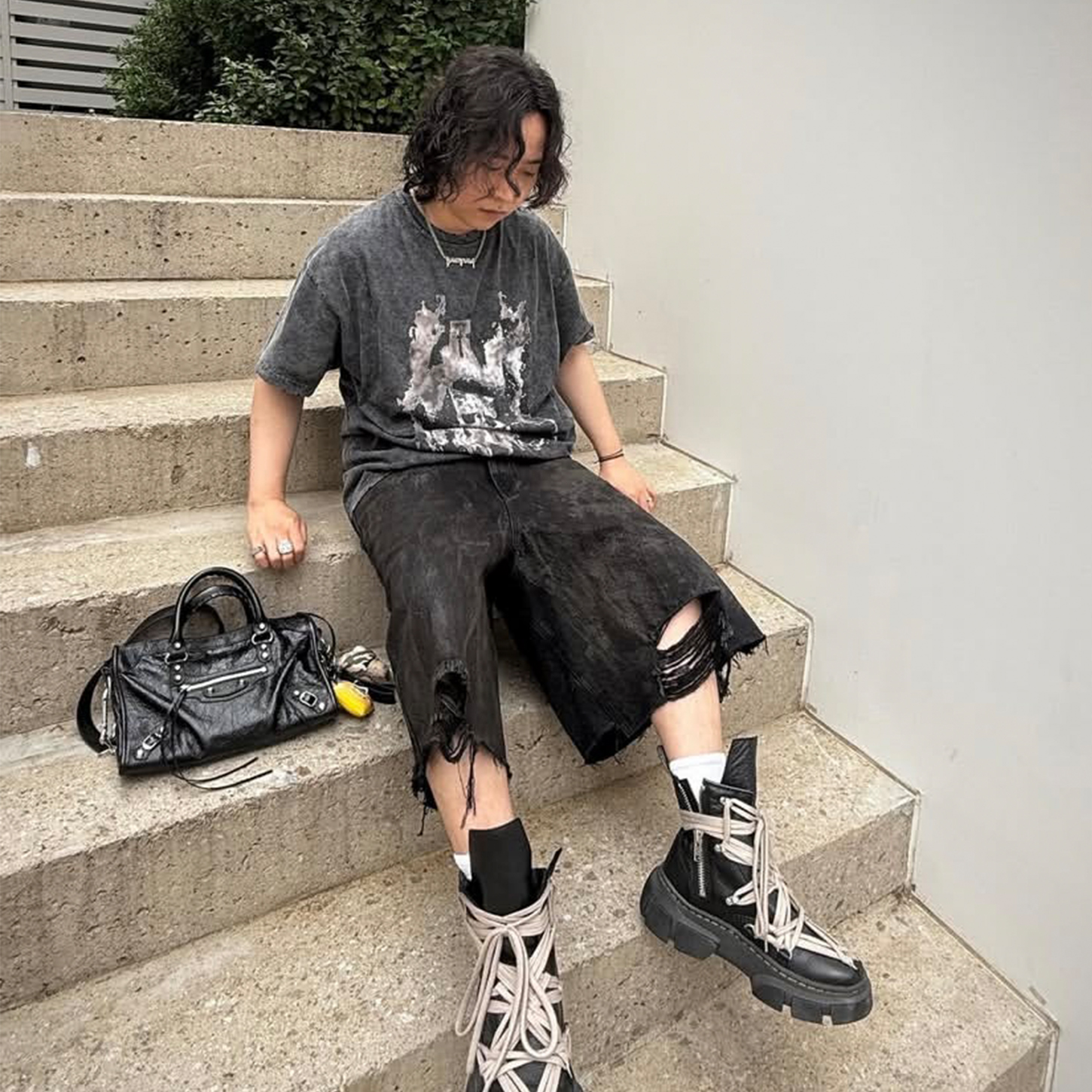 PROJE风格25SS小众重磅暗黑破坏泥染不规则宽松牛仔短裤 男女同款