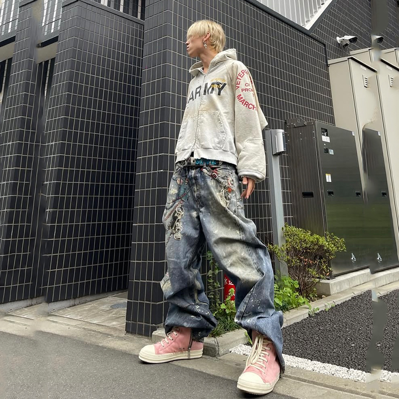 区别市场版】AC风格3D数码印花做旧直筒牛仔长裤 男女宽松同款风