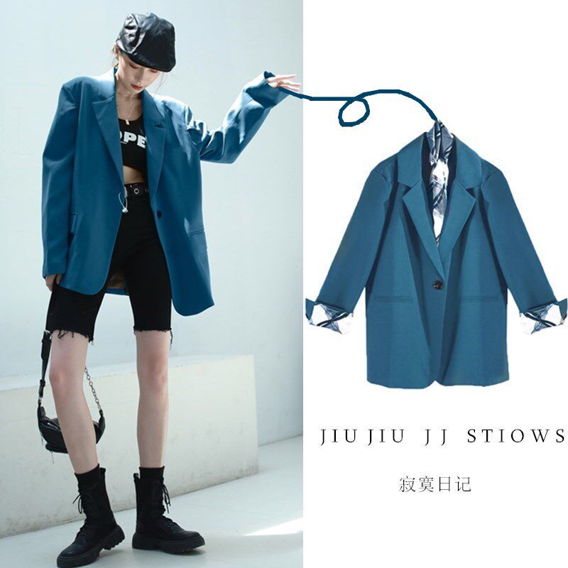 丝巾款孔雀蓝宝蓝秋冬西装外套女港风气质垫肩宽松韩版蓝色小西服
