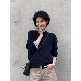 周浪清藏青色木耳边羊毛针织衫女2025年新款秋装长袖开衫毛衣外套