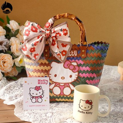 可爱HelloKitty伴手礼伴娘女编织篮手提包包新托特包结婚礼盒空盒
