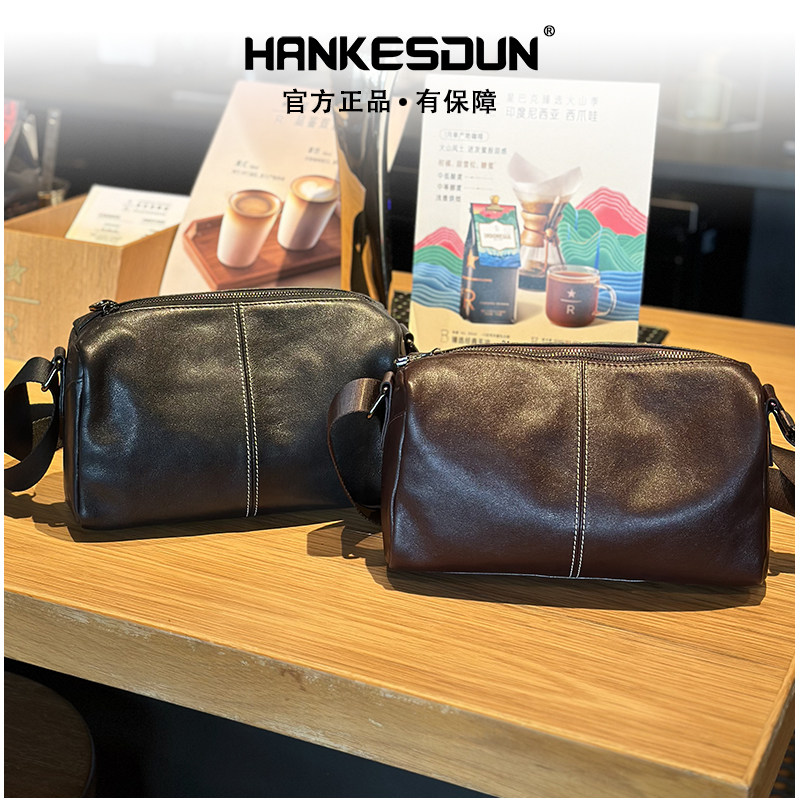HANKESDUN牛皮男士包韩版百搭单肩斜挎包休闲小方包黑色