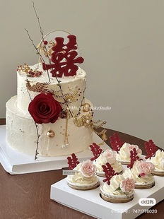 中式结婚网纱凤凰蛋糕装饰摆件订婚婚宴喜字婚庆花朵甜品烘焙插件