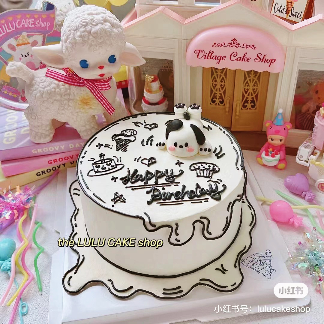 二次元黑白手绘漫画可爱摔倒哈帕狗蛋糕装饰摆件恰帕狗狗复古插件