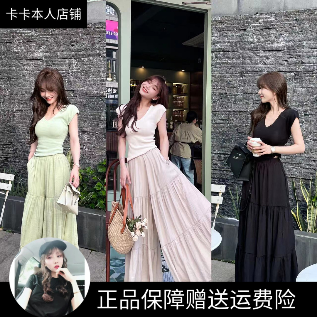 卡卡女装官方正品V领飞袖针织T恤上衣＋简约棉麻高腰阔腿裙裤
