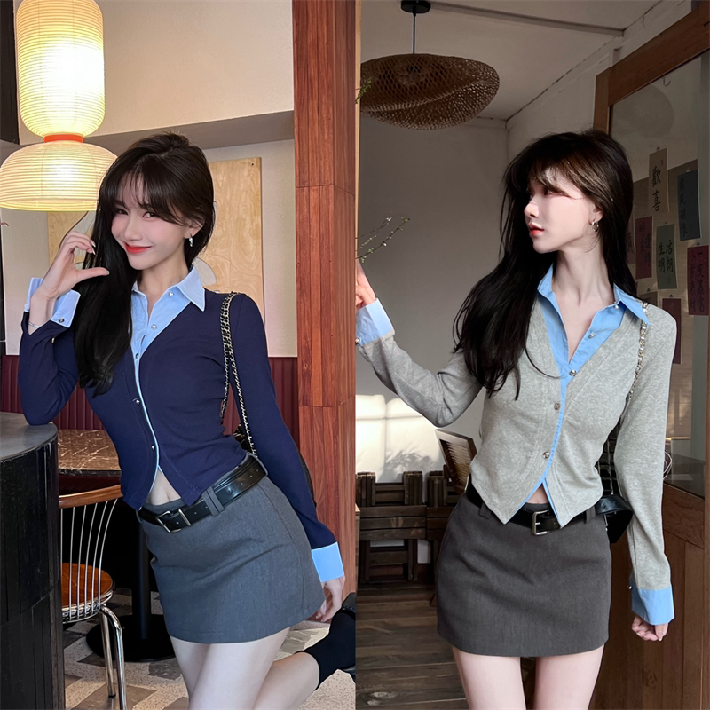 卡卡女装官方旗舰正品店早春留学生穿搭撞色假两件t恤女显瘦修身