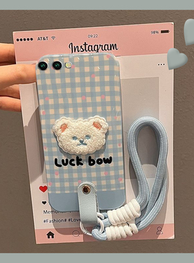 蓝色格子适用三星zfold6手机壳zflip5立体w23flip刺绣3小熊zfold2折叠屏挂绳w22卡通w21硬壳galaxy小清新可爱