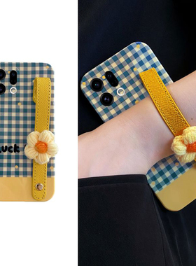 ins风针织花朵适用oppofindx9pro手机壳fondx9plus腕带por蓝色九格纹0ppo立体oppo液态硅胶新款手提全包防摔p