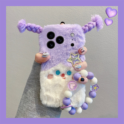 撞色辫子表情适用苹果17promax手机壳华为pura80荣耀400pro小米15斜挎vivos30可背opporeno14秋冬季x200毛绒p