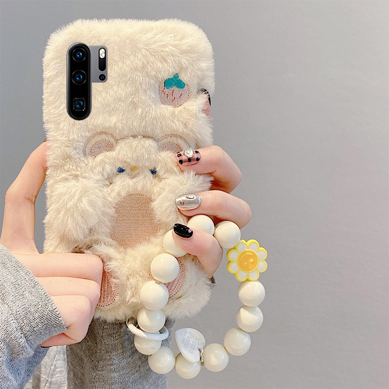 秋冬季毛绒绒毛茸茸白色小熊手机壳