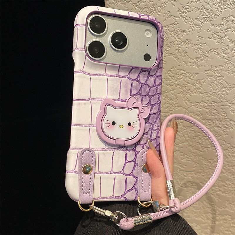 卡通猫头支架适用小米红米note11t手机壳noto9t晕染pocom8水墨pocox7pro挂绳m6紫色x5por创新f4/f3/f2/mi仿皮