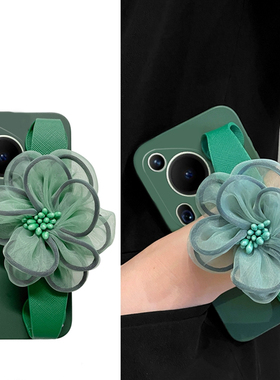绿色纱花适用华为pura70ultra手机壳p60art手腕pura70pro立体p60e带花朵斜挎+十硅胶por软壳p6o可背p7o个性女