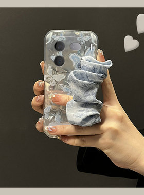 蓝色蝴蝶丝巾适用vivoiqoo12pro手机壳iqoo11s腕带icoo10斜挎9可背8硅胶7软壳5小众3个性vivo爱酷iq00夏天女