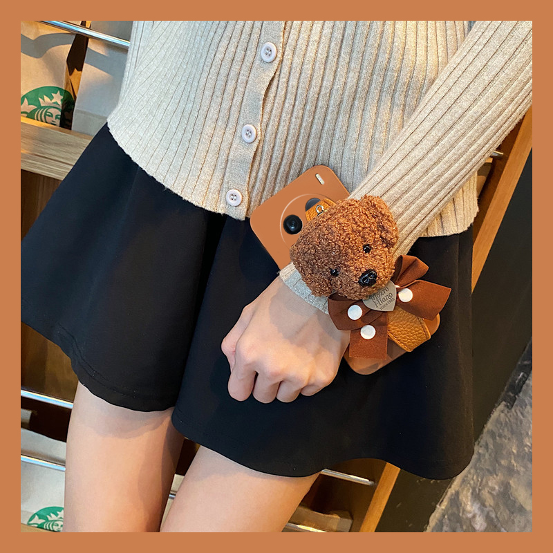 毛绒泰迪熊适用vivox100ultra手机壳x90s立体s80pro腕带日韩x70spro趣味x60曲屏版x50液态x30x27x23x21i硅胶p