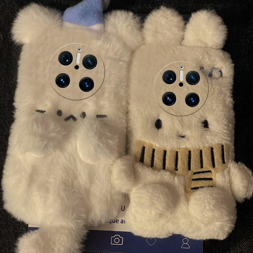 毛绒兔子猫咪适用华为mate70pro+手机壳meta60可爱mata50e立体rs保时捷设计mete40e十m30卡通20x硅胶10毛茸茸