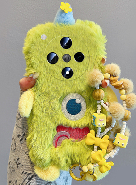 绿色独眼怪适用oppofindx8手机壳真我x50pro立体k12x挂链x7卡通realme秋冬findx6pro毛绒ultra硅胶x5/x3/k10