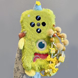 绿色独眼怪适用oppofindx8手机壳真我x50pro立体k12x挂链x7卡通realme秋冬findx6pro毛绒ultra硅胶x5/x3/k10