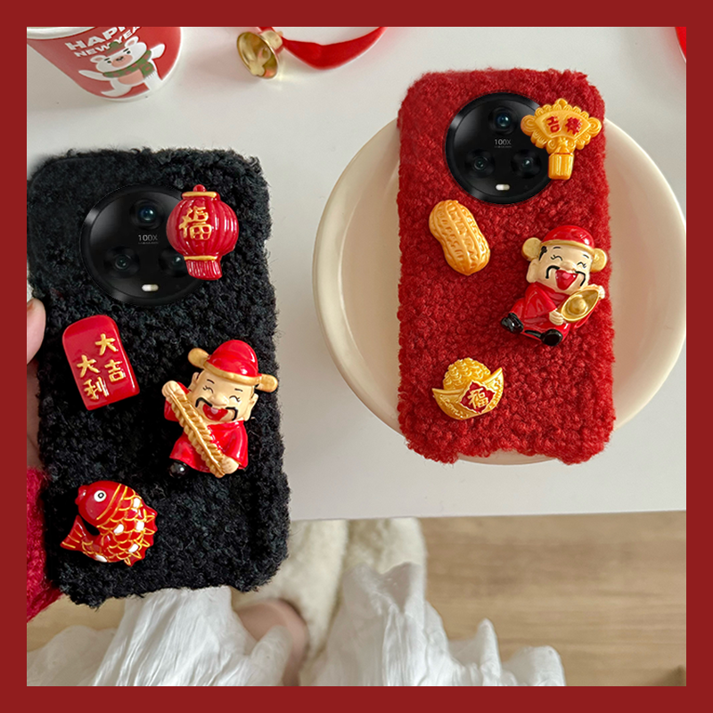 新年龙年毛绒绒毛茸茸立体财神爷手机壳