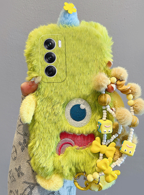 绿色独眼怪适用opporeno12pro手机壳reno11立体reon10+十9挂链8卡通7se毛绒绒6秋冬季5k硅胶4se趣味3搞怪oppo
