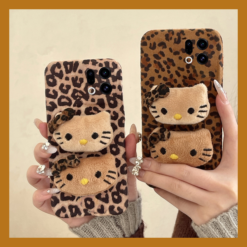 棕色豹纹kt猫适用oppofindx9plus手机壳fondx8凯蒂猫x50pro立体k12x秋冬x7毛绒x6por卡通ultra软x5/x3/realme
