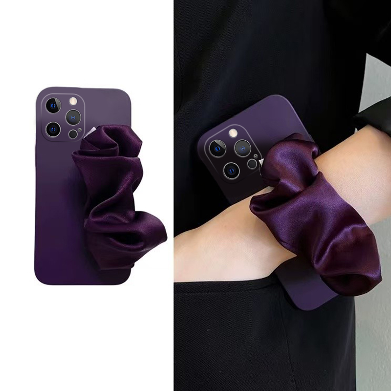 ins风暗紫色腕带适用苹果16promax手机壳华为pura70荣耀400pro小米15褶皱vivos30丝巾opporeno14简约x200液态