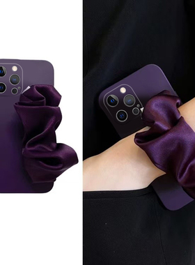 ins风暗紫色腕带适用苹果16promax手机壳华为pura70荣耀400pro小米15褶皱vivos30丝巾opporeno14简约x200液态