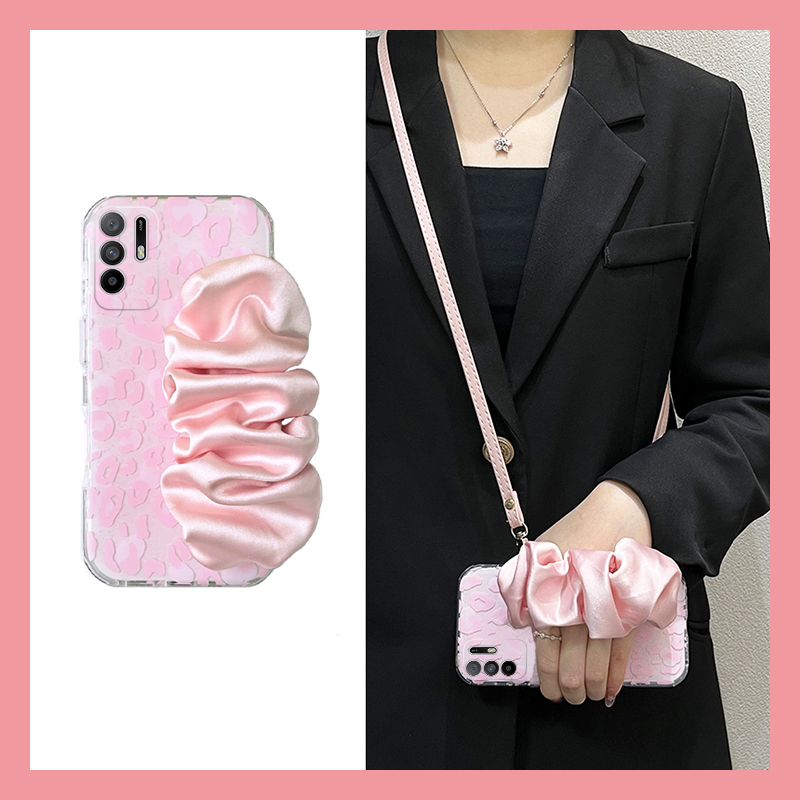 粉色豹纹褶皱腕带适用oppoa3pro手机壳a2x立体a1斜挎a97可背带a96韩系a95a93a91a72a58a57a52a32a11a9a31a8a5