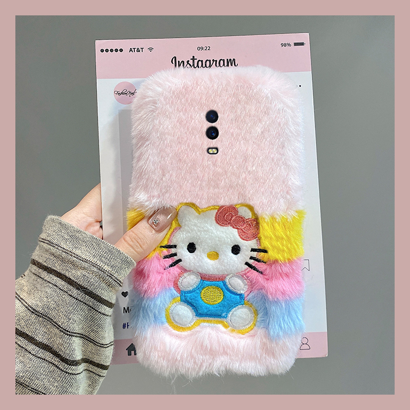 刺绣彩虹kt猫适用oppor17pro手机壳r15x梦境版r11splus斜挎r9s可背带r7plus秋冬季r17毛绒oppo毛茸茸0pp0卡通