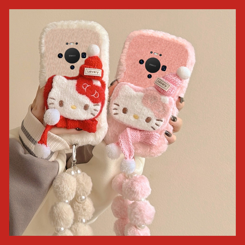圣诞帽子kt猫适用华为mate80promax手机壳meta70pro+毛球mata60挂链m50e秋冬季rs保时捷设计40e毛绒30十20x软