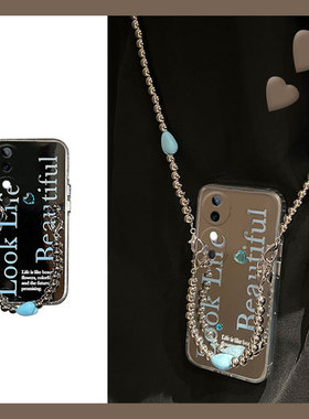 蓝色英文斜挎补妆镜适用vivos19手机壳s19pro镜面s18e小众s17por镜子vivi日韩vovo硅胶软壳个性创意新款少女