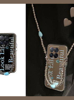 蓝色英文斜挎补妆镜适用小米14pro手机壳13ultra镜面11青春版小众12x镜子10s日韩9硅胶8软壳civi3个性2创意1s