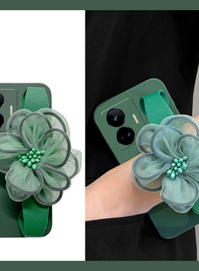 绿色纱花适用oppo真我gt5手机壳gtneo5se小清新gt大师探索版腕带3斜挎2t肩带gtnoe硅胶realme可背个性韩系女