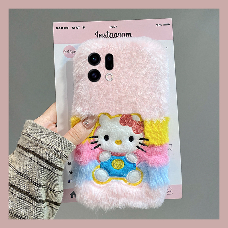 刺绣彩虹kt猫适用oppofindx9plus手机壳fondx8斜挎x50pro可背带k12x秋冬x7毛绒x6por卡通ultra软x5/x3/realme