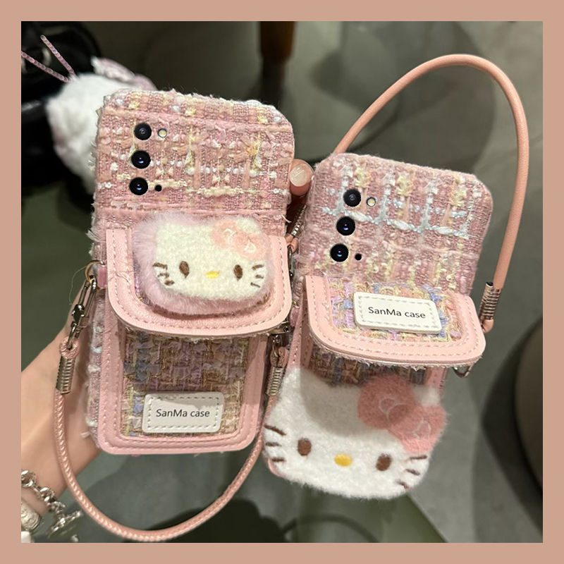 粉色凯蒂猫卡包适用三星a90手机壳a80卡通a70s挂绳a50秋冬季a30毛绒a20毛茸茸a10绒布a52/a8s/galaxy/a53/f52