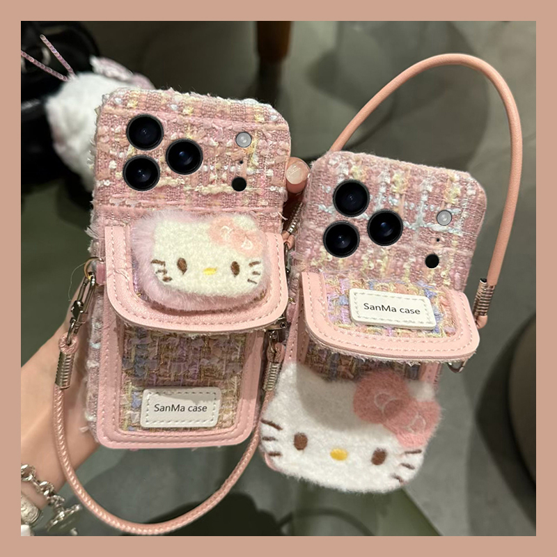 粉色凯蒂猫卡包适用苹果17promax手机壳华为pura80荣耀400pro小米15卡通vivos30挂绳opporeno14秋冬x200毛绒p