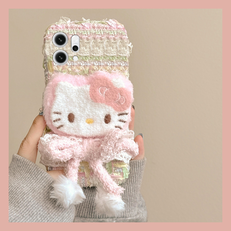 粉色蝴蝶结kt猫适用opporeno14手机壳reon13可爱12pro呆萌11秋冬季10por+十9毛绒7se毛茸茸5k卡通4se立体oppo