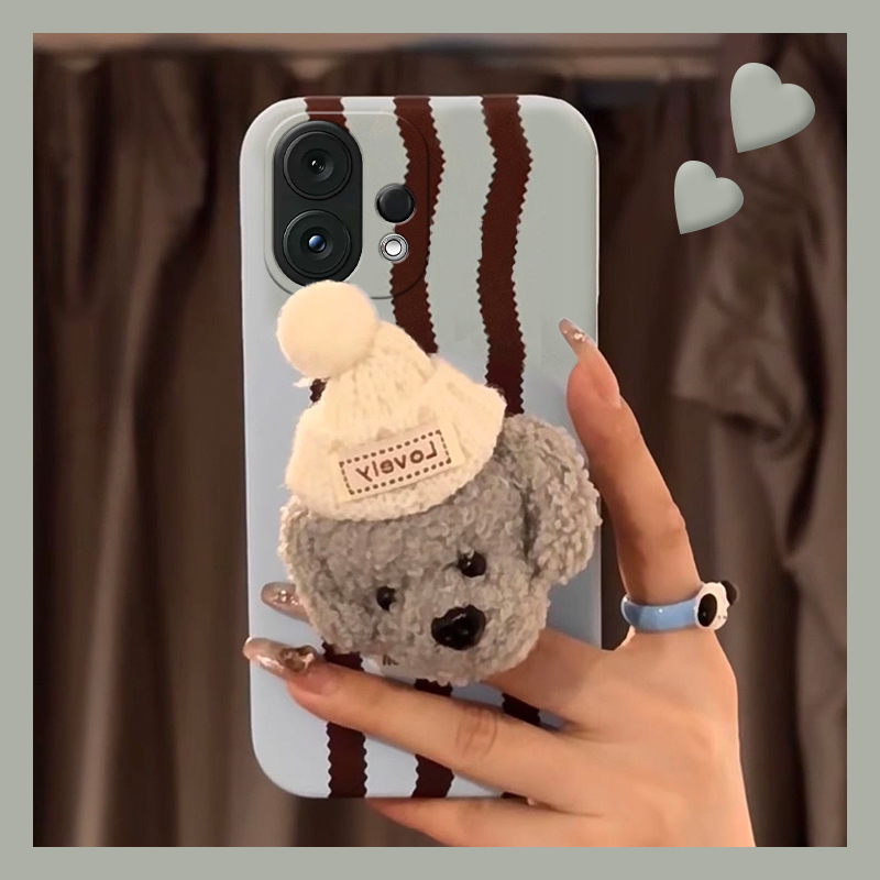 条纹毛绒小狗适用vivos30promini手机壳s20立体s19pro支架s17t秋冬季s16e毛茸茸t1卡通s15硅胶s12s10s9s7s1软